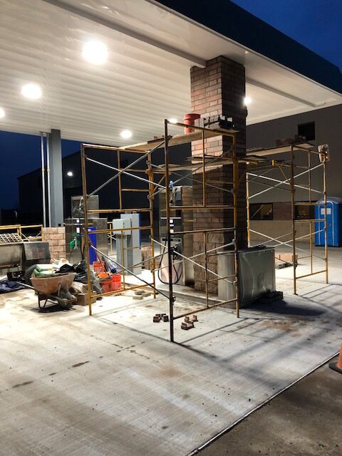 Commercial masonry work on brick pillars for a gas station in Oakland County, Michigan