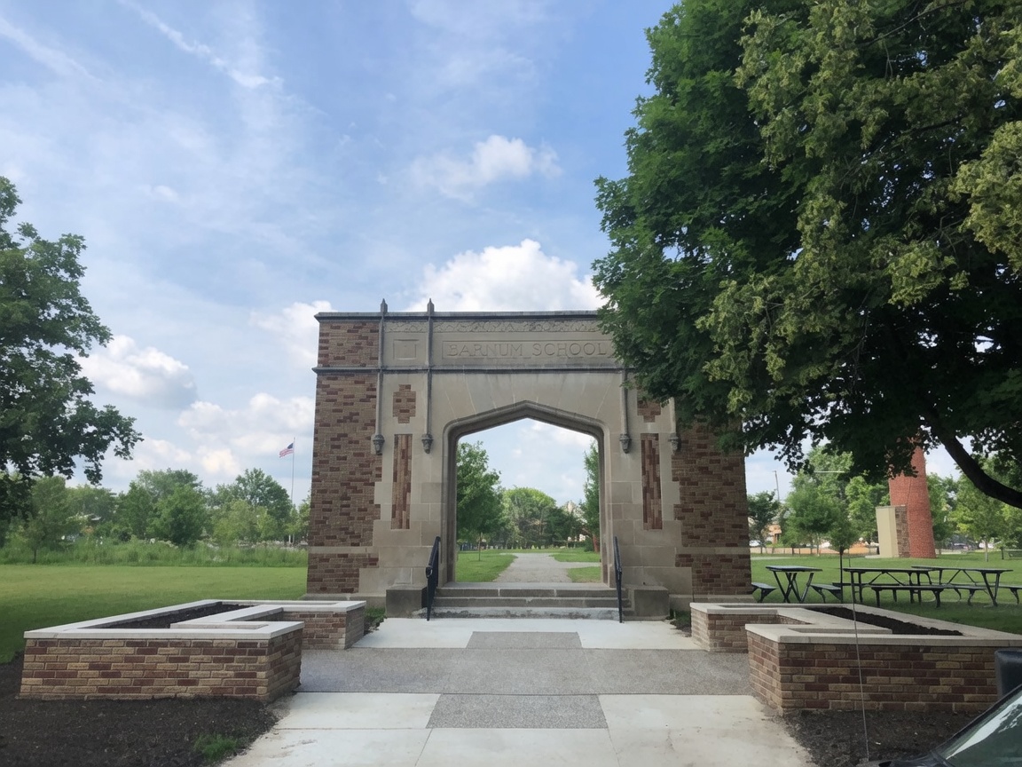 Commercial brick facade planter and restoration work at Barnum Park in Birmingham, Michigan